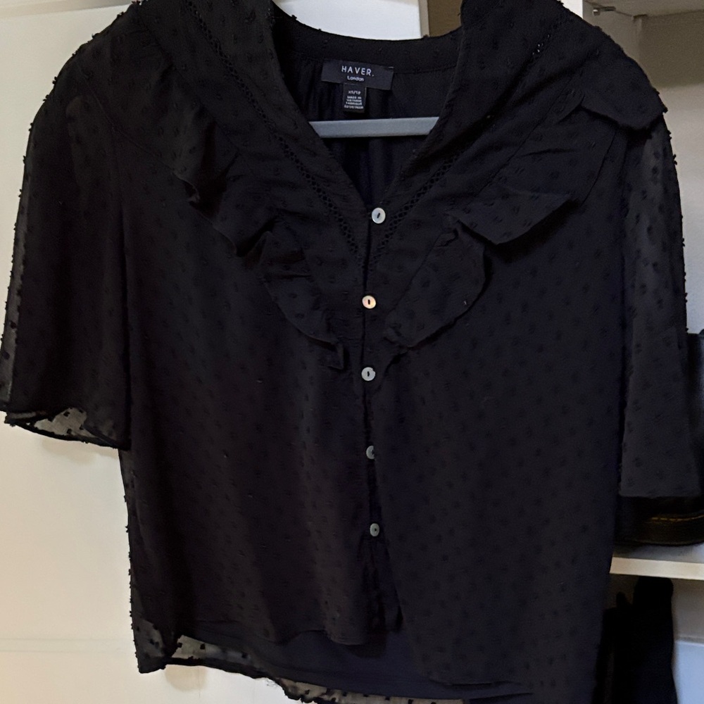 Haver Black Swiss Dot Ruffle Collar Blouse